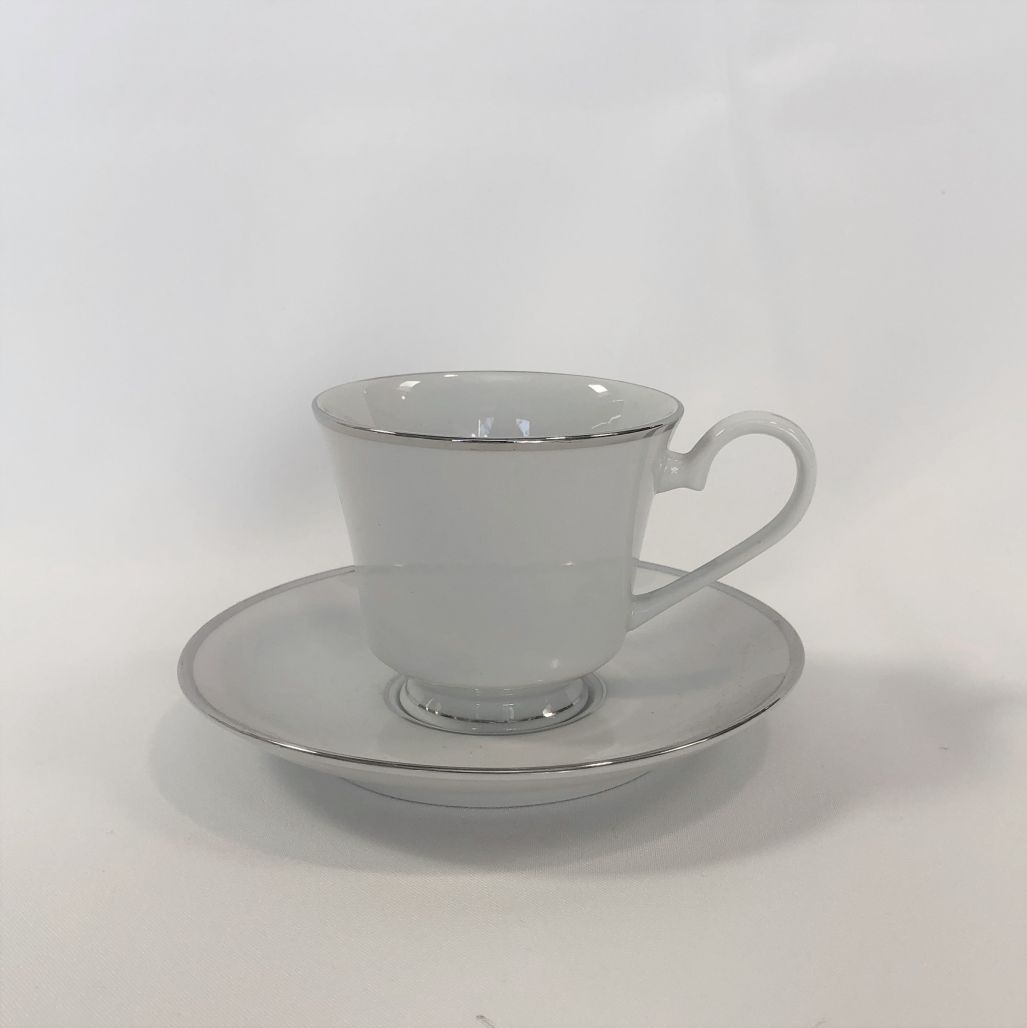 Orange County Party Rentals - White with Silver Rim Coffee Cup & Saucer